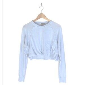 Mono B Pima Cotton Crew Neck Cropped Bubble Front Top NWT Light Blue Size Medium
